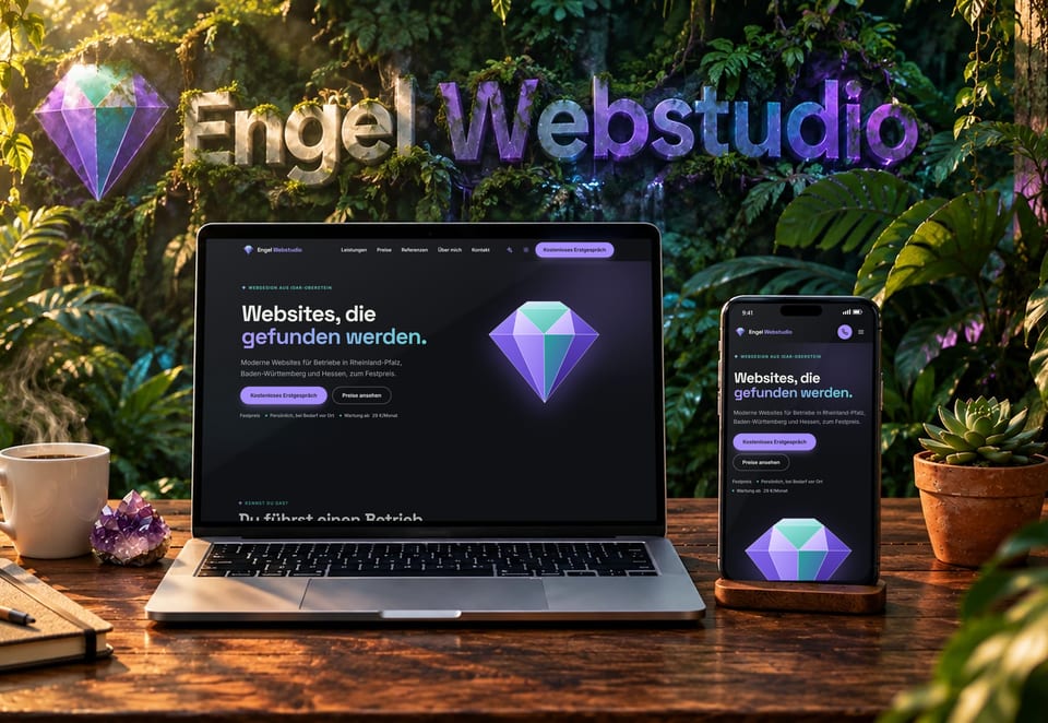 Arbeitsplatz von Engel Webstudio: ein Holztisch im Dschungel, auf Laptop und Handy ist diese Website zu sehen, dahinter steht das Logo als großer Schriftzug zwischen den Pflanzen.