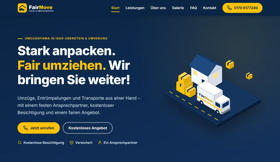 Screenshot der Startseite von FairMove (Entwurfsstand): dunkelblauer Kopfbereich mit dem Slogan „Stark anpacken. Fair umziehen. Wir bringen Sie weiter!“, zwei Buttons und einer Illustration aus Haus, Transporter und Kartons.