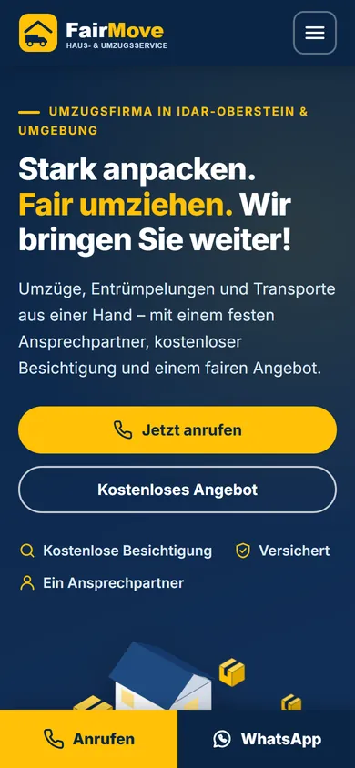 Screenshot der FairMove-Startseite auf dem Handy (Entwurfsstand): Slogan, Buttons „Jetzt anrufen“ und „Kostenloses Angebot“ und unten eine feste Leiste mit Anrufen und WhatsApp.